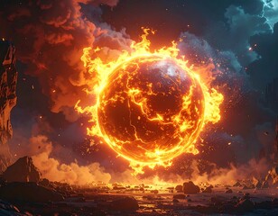 Obraz premium A fiery celestial body surrounded by clouds and rocky terrain