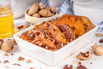 Tasty autumn Cinnamon Pecan Pancake Breakfast Casserole with honey
