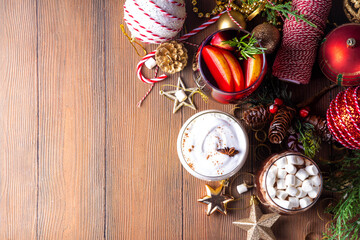Winter hot drink cafes menu, with mulled wine, eggnog and hot chocolate