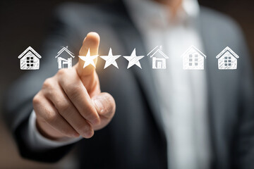 A real estate agent pointing at five-star ratings and house icons on a virtual screen, with partial visibility of the quality metrics