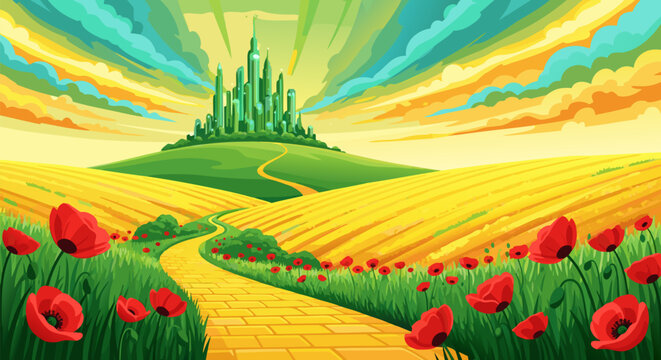 Journey to Emerald City A Whimsical Landscape with Poppies and Golden Path