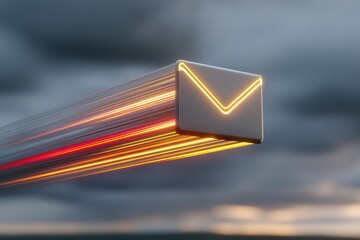 An envelope moves rapidly through a dark, futuristic setting, symbolizing the speed of digital communication and instant messaging. Global connectivity and the instant transmission of information.