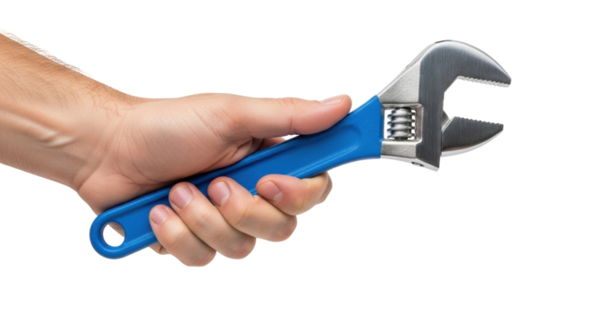 Isolated view of hand holding an adjustable wrench for repair and construction projects