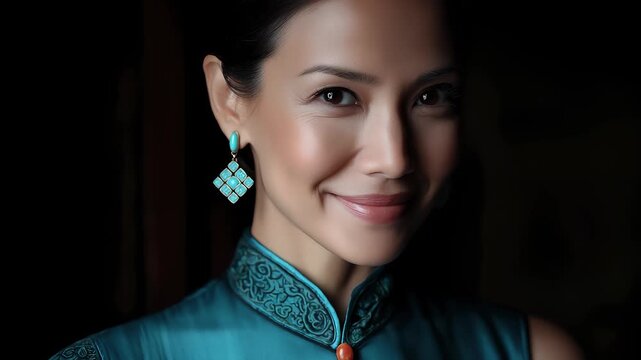 An Asian woman in a cheongsam smiles gently wearing jewelry