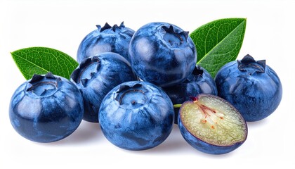 Close up of fresh blueberries with green leaves on a white background with water droplets showing texture and natural detail of the fruit