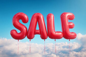 Bright red sale letters made of balloons floating against the sky Generative AI
