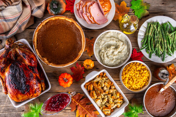 Thanksgiving dinner or lunch foods table