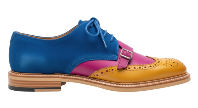 Isolated colorful leather single monk-strap wingtip brogue dress shoe with blue and pink panels