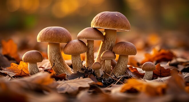 Group of brown mushrooms growing in autumnal forest environment