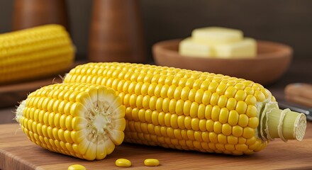 Fresh corn on the cob on a wooden board ready for cooking and serving