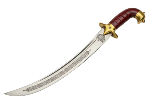 Isolated Damascus steel sword, shamshir with engraved blade, collectible edged weapon
