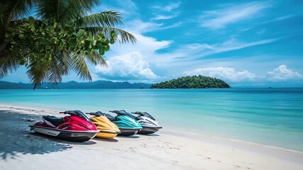 Aerial view of tropical beach with palm tree and turquoise sea and distant mountains under blue sky with fluffy white clouds.