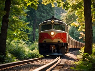 Fototapeta premium Train traveling through green forest on railway track