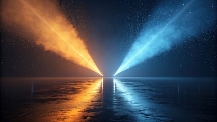 Two opposing beams of vibrant orange and electric blue light collide and reflect on a dark still surface