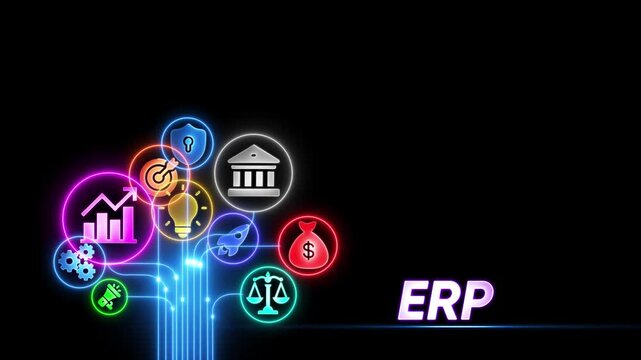 Enterprise Resource Planning E R P business strategy icons glowing neon network connections - Powered by Adobe