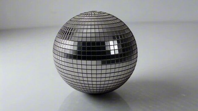 Minimalistic silver disco ball with reflective mirror tiles placed on white background under soft light. Concept of retro aesthetics and dance culture symbolism