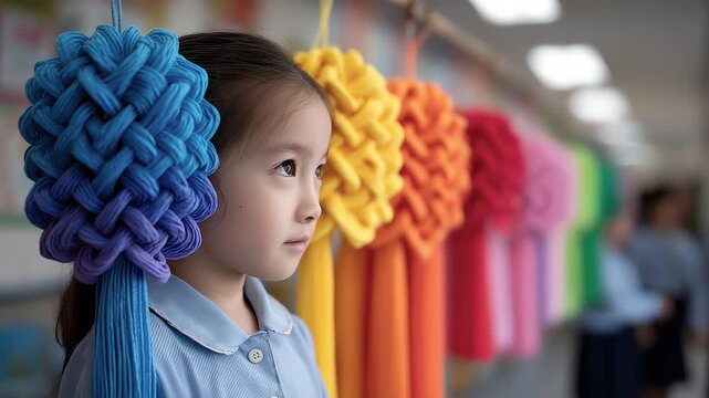 A girl gazes thoughtfully at colorful Chinese knot ornaments