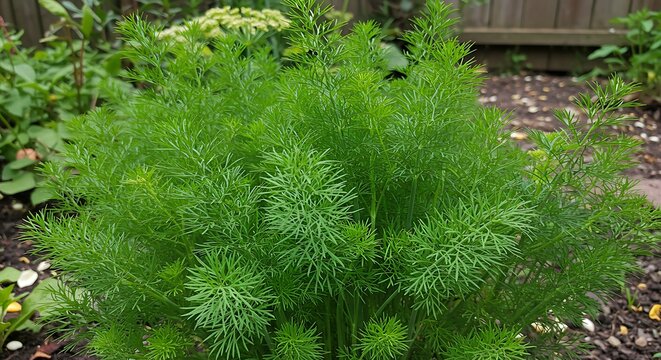 Fresh green dill plant in garden setting close up detail photography