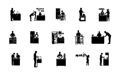 Silhouette illustration set of people doing various kitchen activities. activity in the kitchen.