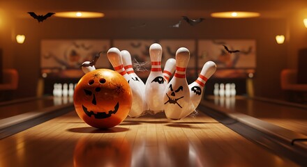 Halloween themed bowling scene with pumpkin and stylized pins in an alley