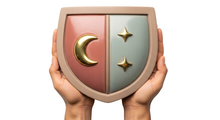 Isolated image of a shield held in hands with crescent moon and stars symbols emblem icon
