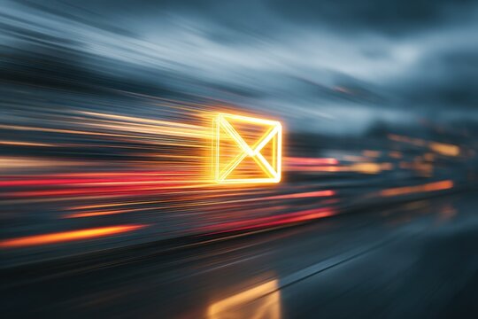 An envelope moves rapidly through a dark, futuristic setting, symbolizing the speed of digital communication and instant messaging. Global connectivity and the instant transmission of information.