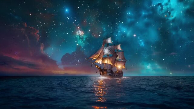 A vivid portrayal of a sailing ship under a starry sky. The ship is illuminated by the moonlight, casting a warm glow on its hull and sails. The sky is a deep blue.