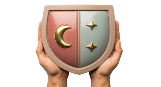 Isolated image of a shield held in hands with crescent moon and stars symbols emblem icon