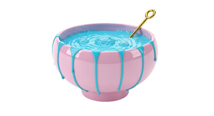 Isolated Bowl with Blue Liquid and Spoon, Pastel Colored, Trendy, Dreamy, Cute, Odd, Funky