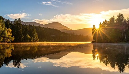 Golden sunrise over a tranquil lake with misty reflections and silhouetted pine trees during early morning light in a mountain landscape