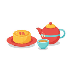 Traditional Chinese mooncake on a red plate served with a steaming cup of tea and a red teapot.