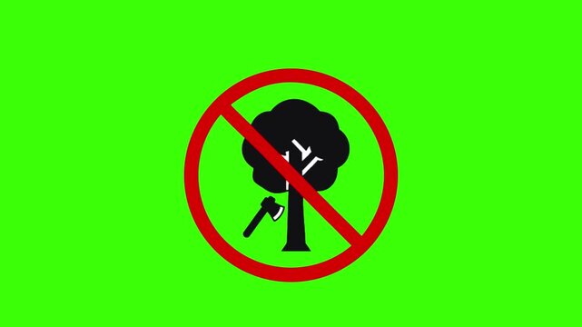 a flat-style vector icon of a black tree with an axe crossed out by a red prohibition circle, no background, using only black and red colors.