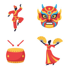 Traditional Chinese culture, including dancers, a festival mask, and a drum.