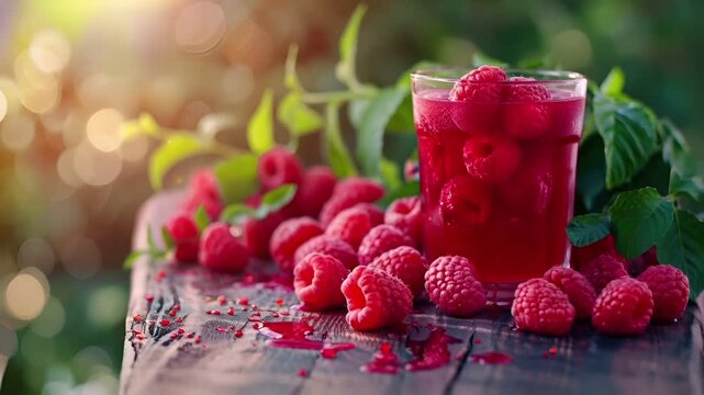 A closeup of a glass of raspberry juice with raspberries and pomegranate seeds on a wooden surface. The glass is filled with a vibrant red liquid, likely a raspberry juice.