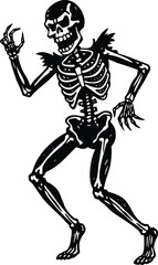 Dancing skeleton silhouette in vintage Halloween style, spooky festive bone characters dancing 