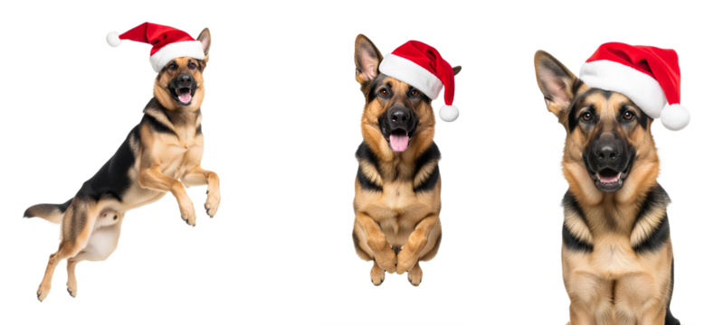 German shepherd dog in santa hat set, different views PNG. Energetic German Shepherd Dog in Santa Hat Mid air Jump. Happy Holiday Pet Ready for Christmas Fun, Action, and Training isolated