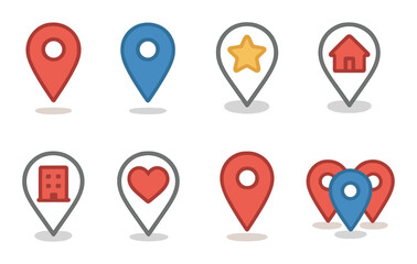 Colorful location icons with hearts, stars, homes, and buildings on gradient background