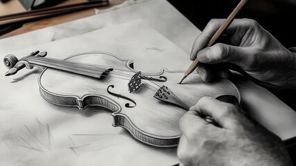 Close-up of a luthier meticulously crafting a violin, focusing on the detailed work of shaping the wood with a pencil and tool.