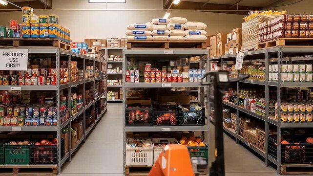Wide aisle view of a warehouse pantry with shelves of canned goods and various non-perishables