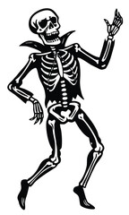 Dancing skeleton silhouette in vintage Halloween style, spooky festive bone characters dancing 
