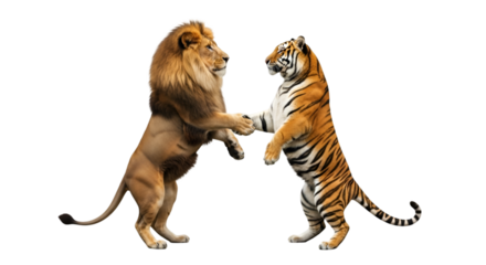 A majestic lion and tiger standing upright and shaking hands confidently on a white background, symbolizing strength and respect.