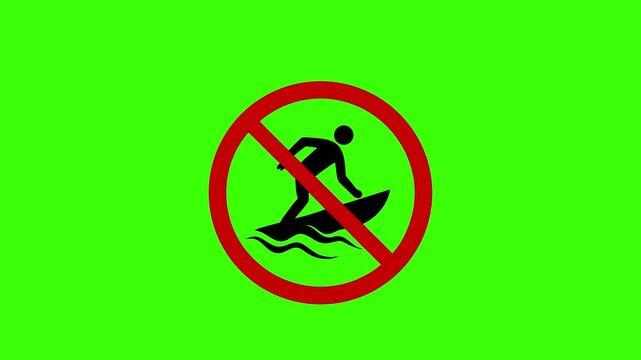 a flat-style vector icon of a black surfer silhouette riding waves inside a red prohibition circle and diagonal slash, no background, using only black and red colors.