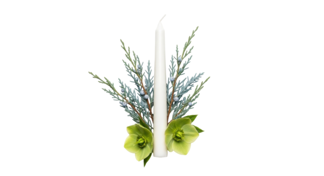 Isolated evergreen branch with berries and hellebore flowers beside taper candle, floral decor