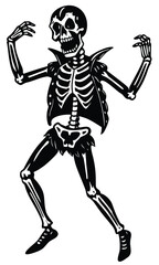 Dancing skeleton silhouette in vintage Halloween style, spooky festive bone characters dancing 
