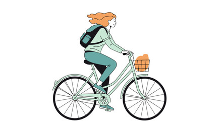 Naklejka premium Young woman with a backpack rides a bicycle with a basket.
