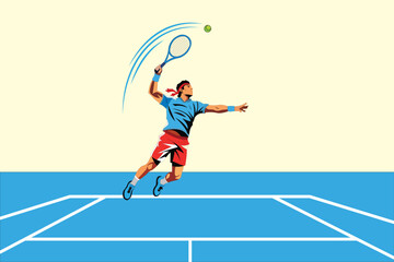 Flat illustration of a tennis player leaps to serve the ball on the court, showcasing athleticism and sportsmanship in action