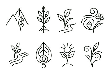 Fototapeta premium Nature-inspired minimalist line art: botanical and geometric designs on olive background