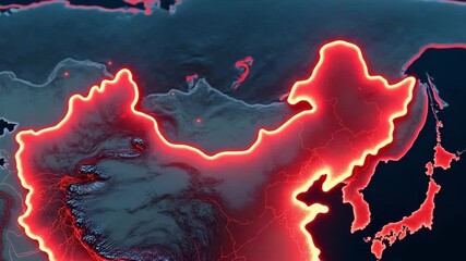 Stylized map of China with glowing red borders representing a health crisis, political tension, or economic data on a dark background - Powered by Adobe