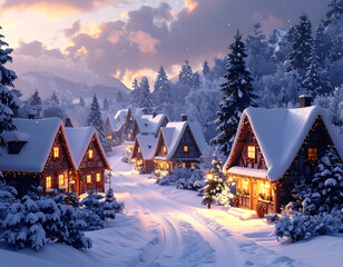Fototapeta premium Cozy Winter Village at Twilight