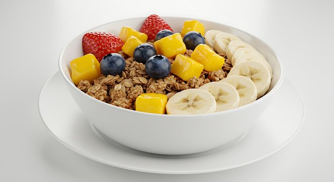 Healthy breakfast bowl with assorted fresh fruits and granola on white surface